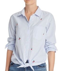 SUNDRY Cherry Embroidered Tie Hem Shirt Size XS in Blue Stripe